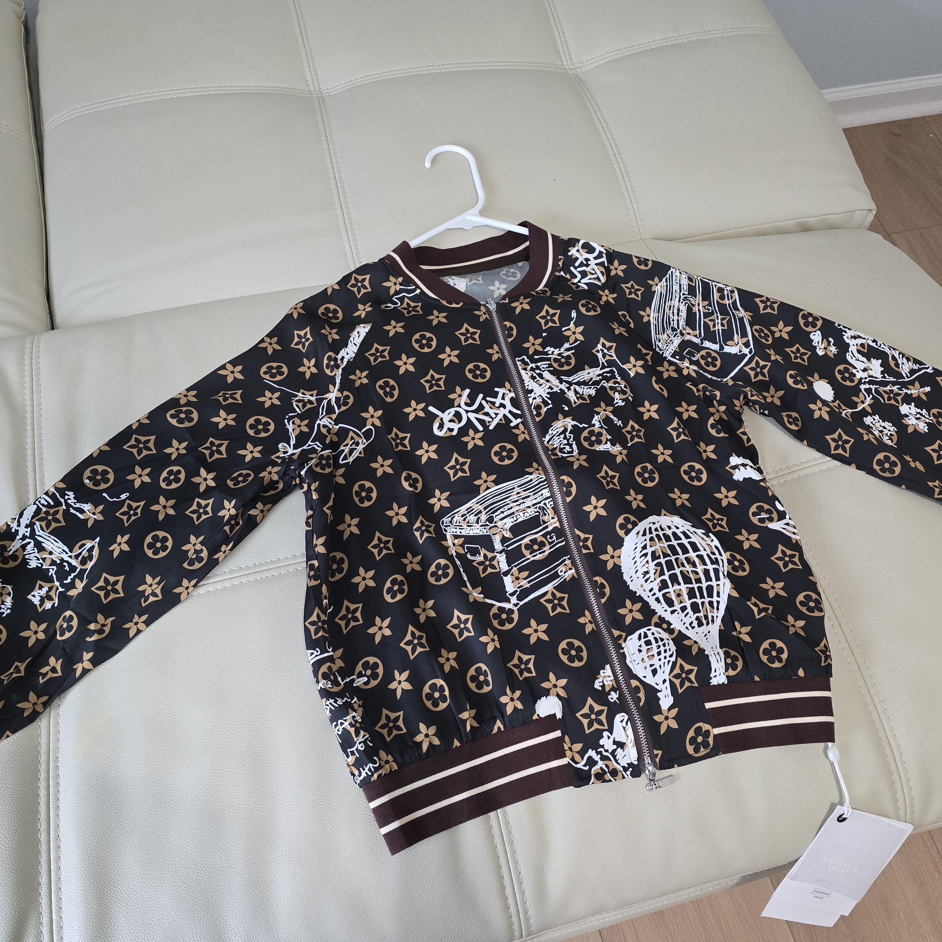 Brand New Women LV Brown Graffiti Bomber Jacket With 92 Mulberry Silk